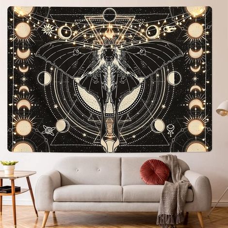 Tapiz decorativo de pared con diseño de sol y luna en negro para dormitorio, 150 x 130 cm. (1/5)