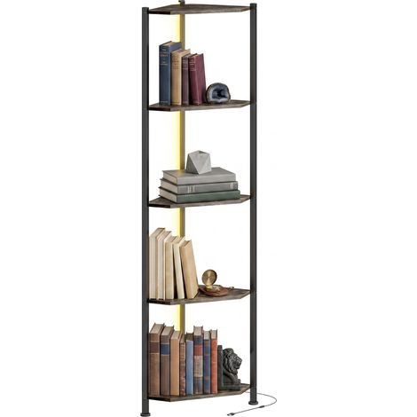 Bibliothèque d'angle à 5 niveaux avec éclairage LED pour salon, chambre, bureau, marron rustique (1/5)