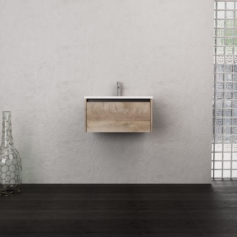 Inda - Badezimmerschrank 1 Schublade B.60 mit mattiertem Waschbecken / Natureiche - Smeraldo