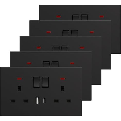 Lot de 5 prises doubles avec port USB-C, prise murale double avec interrupteur et indicateur LED, plaque murale en polycarbonate, noir, 13 A (1/5)