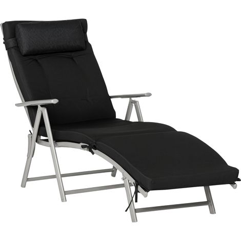 Bain de Soleil Pliable Transat Inclinable 7 Positions Chaise Longue Grand Confort avec Matelas + Accoudoirs Métal Époxy Textilène Polyester Noir