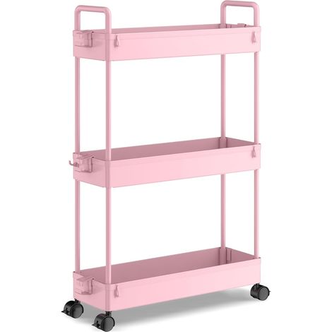 3-stöckiger Aufbewahrungswagen – 1 Stück – Rosa Kunststoff – Schmale Schublade mit Rollen – Küche/Bad – 13 x 40 x 72 cm (1/5)