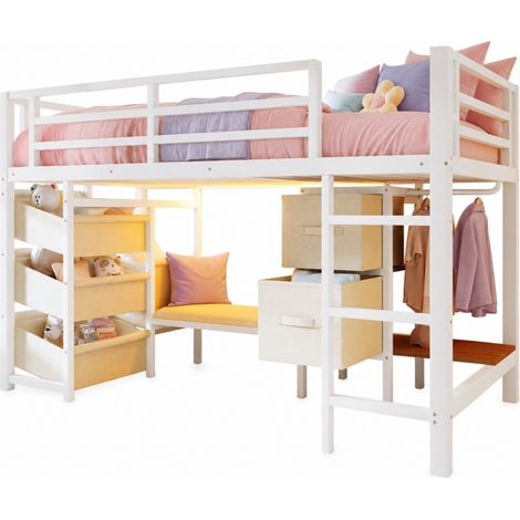 Cama semialta 90x200 cm de metal blanca con asiento acolchado, LED multicolor, colgador integrado, cajones y bolsillos de tela para almacenaje, de CHICFURN (1/5)