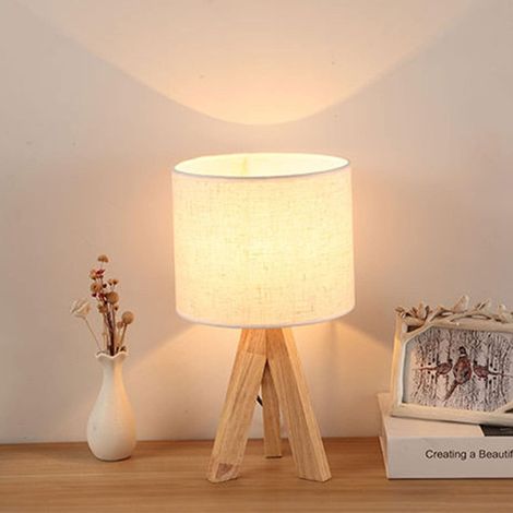 Lampe de chevet en bois, lampe de bureau trépied avec abat-jour en lin beige, culot E27, veilleuse idéale pour la lecture, les études ou le bureau (1/5)