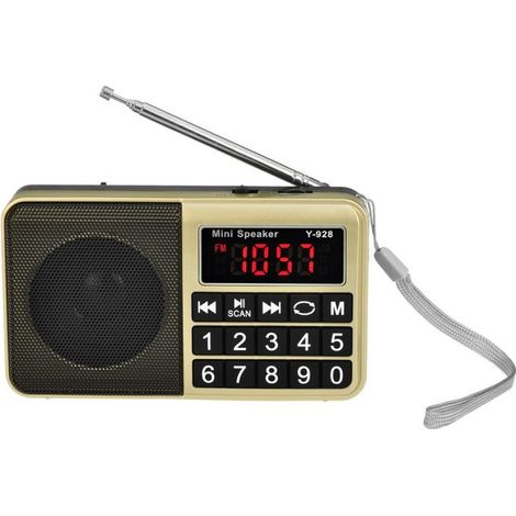 Radio portable FM/AM (MW)/SW/USB/Micro-SD/MP3, stations de diffusion avec gros boutons et grand écran, radio portable rechargeable 800 mAh (doré) (1/3)