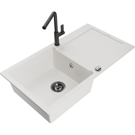 Mexen Leo lavello in granito 1-vasca con scolapiatti e rubinetto da cucina Flora, bianco - 6501-20-670401-70-B (1/5)