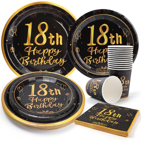 Lot de 96 assiettes en carton pour fête d'anniversaire, 18ème couleur noire et dorée, pour enfants, décoration de table pour 24 invités (1/5)