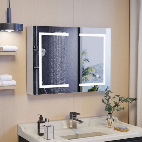 Armoire de Toilette Miroir avec LED, Meuble Mural Salle de Bain Armoire avec 2 Étagère Réglable et 2 Portes Miroir, Blanc, 80 x 13 x 60 cm (1/5)