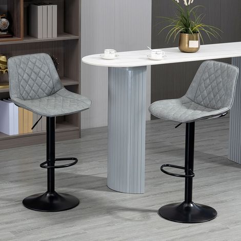 Set aus 2 drehbaren Barhockern, höhenverstellbar von 86 bis 106 cm, bezogen mit Kunstleder, mit Rücken- und Fußstütze, Grau