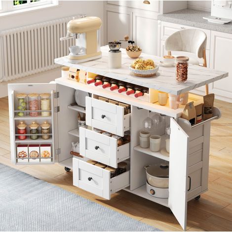 Carrito de cocina, 120x42(60)x93 cm, en MDF, blanco, con encimera plegable, 5 ruedas, marco de puerta, vinatera y portavasos (1/5)
