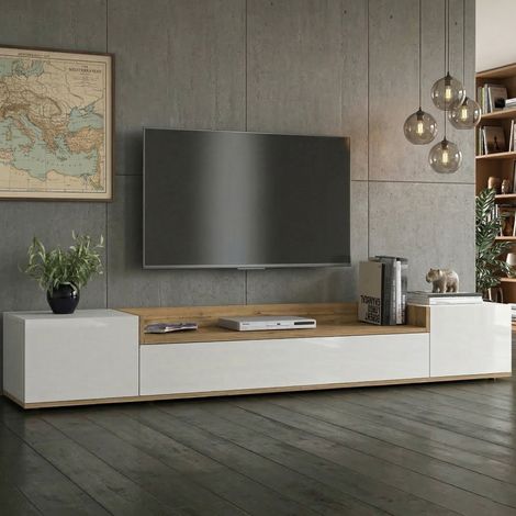 TV-Schrank Oxanna, 3 Regale, 3 Türen Made in Italy, 4 Fächer, 200x35x30 cm, Weiß Hochglanz (1/5)