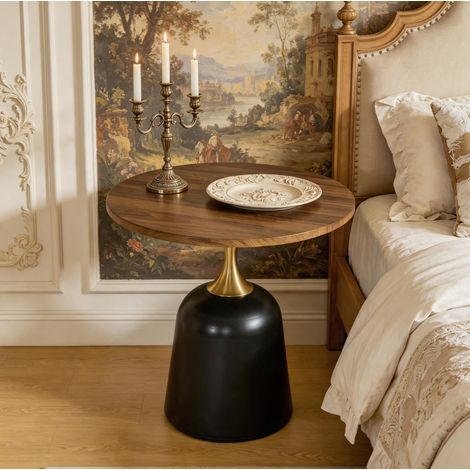 Table d'appoint ronde pour salon, style nordique, structure stable, usage polyvalent, mélaminé noyer et noir (1/5)