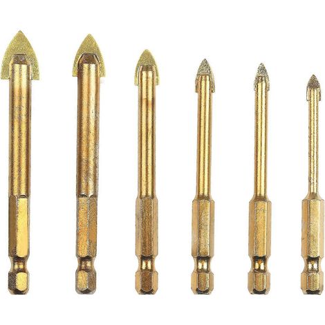 Jeu de 6 forets à carrelage en alliage dur pour céramique, diamètres 4/5/6/8/10/12 mm, queue hexagonale 1/4", revêtement en titane, pour marbre et verre. (1/5)