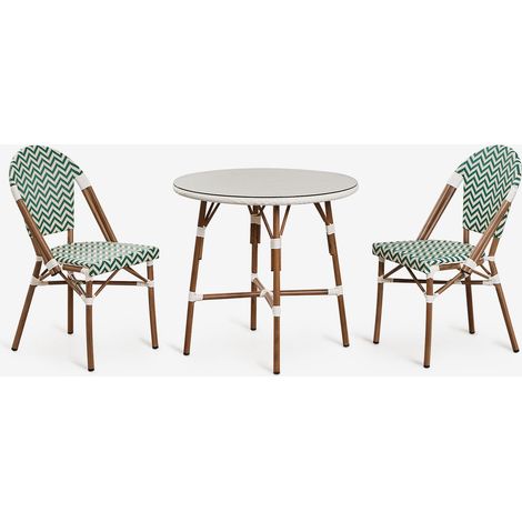 Ensemble table ronde Brielle Bistro (80 cm de diamètre) et deux chaises de jardin empilables en aluminium SKLUM Vert Choux - Blanc Gardenia (1/5)