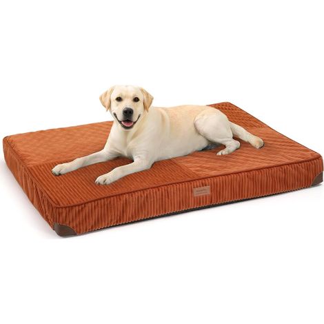Panier pour Chien, Panier Orthopédique en Peluche Velours Côtelé avec Housse Lavable, Lit Imperméable, XL Tapis avec Fond Anti-Dérapant, Orange (1/5)
