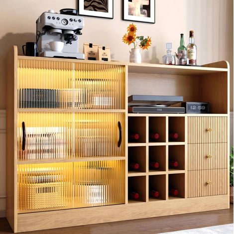 Buffet rétro 120 cm avec portes coulissantes en verre, casier à vin, LED, bois naturel (1/5)