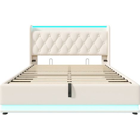 Lit rembourré hydraulique 160x200 cm avec rangement, LED intégrée et recharge USB‑C, PU blanc (1/5)