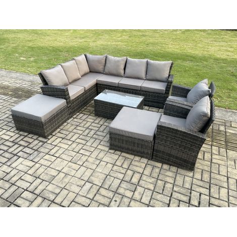 Fimous 10 Seater High Back Outdoor Garden Furniture Set Rattan Corner Sofa Set With Rectangular Coffee Table 2 Big Footstool 2 Armchairs Dark Grey Mixed