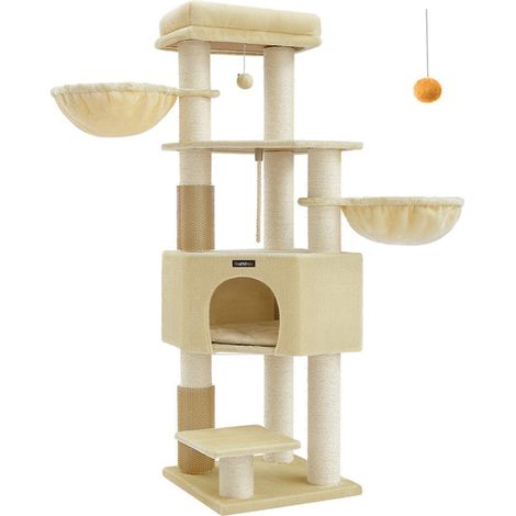Arbre à chat grand et stable avec tapis chaud auto-toiletteurs poteaux à griffer niche hamacs plateformes corde en sisal 50 x 50 x 160 cm beige