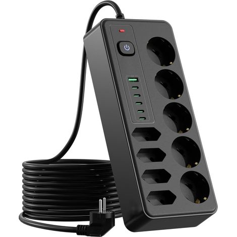 Steckdosenleiste mit 9 Ausgängen, 1 USB-A-Anschluss und 5 Typ-C-Anschlüssen, Steckdose mit Schalter und Überspannungsschutz, 2,8 m langes Verlängerungskabel, für Zuhause und Büro. Schwarz (1/5)