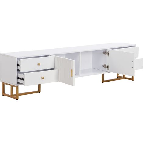 Meuble TV bas blanc en MDF avec portes texturées, 4 tiroirs, poignées et pieds dorés, 175 cm (1/5)