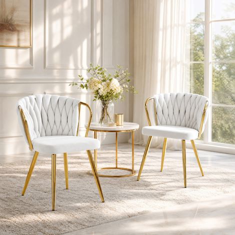 Sedia da pranzo in velluto e metallo, con schienale intrecciato e seduta imbottita, stile moderno, beige e oro (1/5)