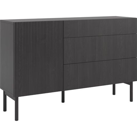 Commode Armoire 140 cm Porte À Lamelles 3 Tiroirs sur Pieds en Bois Meuble De Rangement Frêne Noir (1/5)