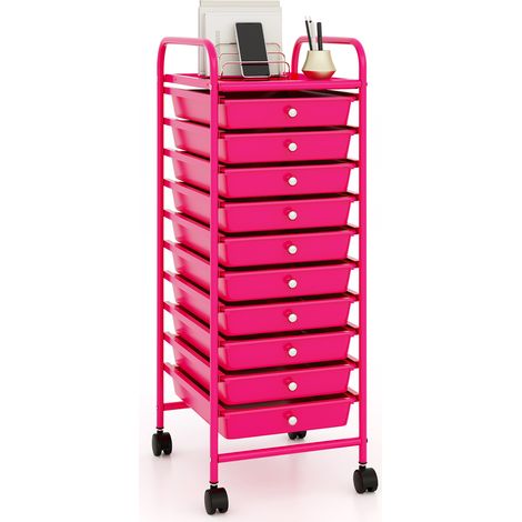 Tour de Rangement, Desserte à Roulettes avec 10 Tiroirs, Chariot de Rangement Stable Solide, 4 Roulettes Universelles avec Freins,Rose foncé (1/5)