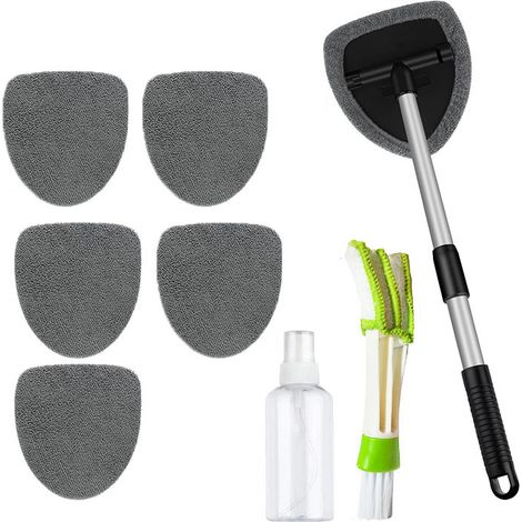 Brosse télescopique pentagonale pour pare-brise, 6 housses en tissu gris + flacon pulvérisateur + brosse de précision, kit de nettoyage pour vitres de voiture