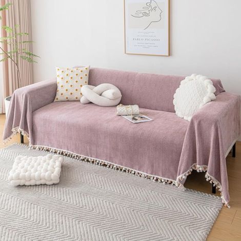 Bardusch-Jeté de canapé couleur pure avec pompons décoratifs, respirant léger, rose, 180x340 cm (1/5)