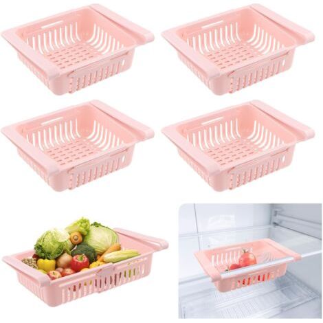 4 Pièces Boite de Rangement Frigo, Organisateur Frigo Escamotable, Rangement Frigo Rétractable, Accessoires Frigo Organiseur pour Cuisine, Armoires, CongéLateur, Garde-Manger (Rose)