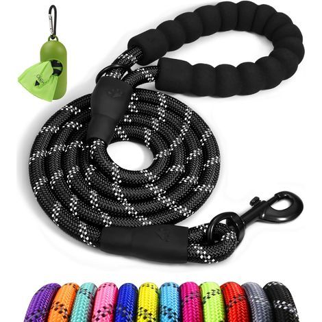 Hundeleine – Nylonseil – Gepolsterter Griff und reflektierende Fäden – Zum Spazierengehen und Wandern – Schwarz – 150 x 1,0 cm (1/5)