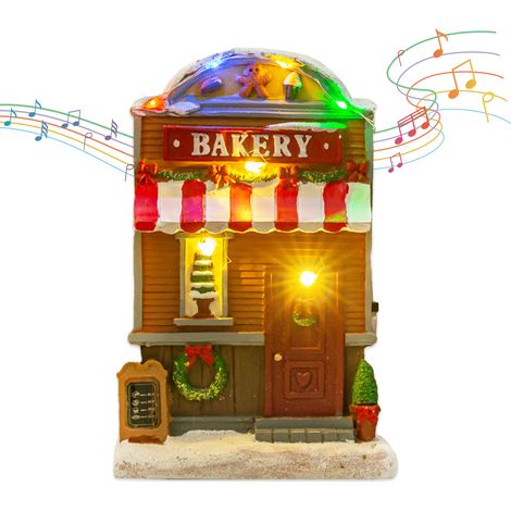 Maison de Noël lumineuse en résine, décor de Noël d'hiver avec musique. Fonctionne avec 3 piles AA (non incluses). (1/2)