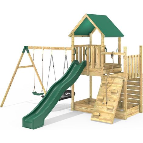 Rebo Modular Wooden Climbing Frame Adventure Playset - M3 plus Ramp & Double Swing