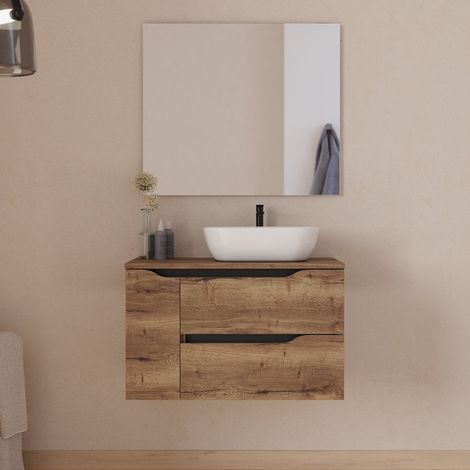 Meuble de salle de bain 80cm avec plateau, vasque à poser déportée à droite Zeus et miroir - 2 tiroirs et un placard - tabaco (bois foncé) - ZARZA