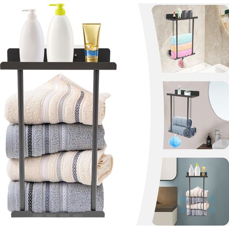 Porte-serviettes mural, en acier au carbone, avec 3 crochets, autocollant, de couleur grise, hauteur réglable de 42 à 80 cm, adapté à la salle de bains et à la cuisine (1/5)