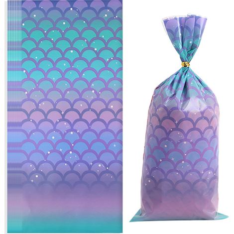 Sac À Bonbons Thème Sirène - En Plastique - 12,5 x 27,5 cm - Imprimé Écailles Des Deux Côtés - Avec Cordelette Torsadée - Lot De 100 Pièces (1/5)
