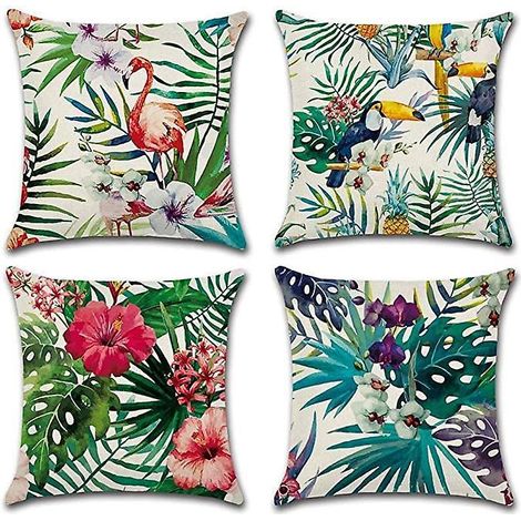 housse De Coussin Plante Fleur Tropicale 45 X 45cm, Lot De 4 Taies D'oreiller En Lin Dcores De Motifs Vgtaux De La Fort Tropicale, Utilise Pour Ca (1/5)