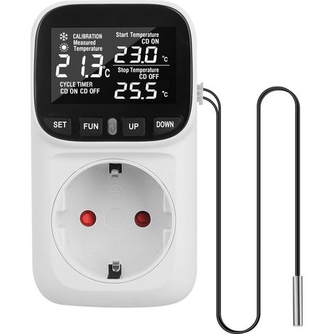 Régulateur de température numérique - Prise 230 V - Avec sonde - Thermostat numérique - Prise - Contrôleur de température avec mode chauffage et refroidissement - Pour serre, réfrigérateur, terrarium