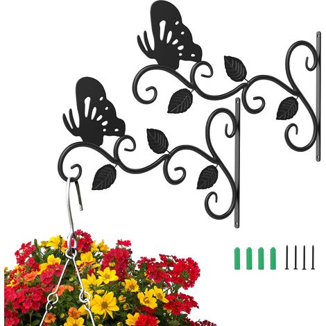 Juego de 2 soportes colgantes para plantas, ganchos de pared de metal de 30 cm, resistentes a la corrosión y robustos, accesorios para colgar plantas con forma de mariposa, color negro. (1/5)