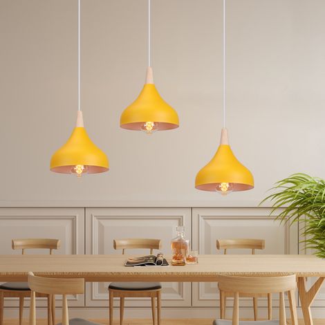 3 Stück Moderner Pendelleuchte Metall Holz Hängelampe Höhenverstellbar Deckenleuchte Orange Ø20cm