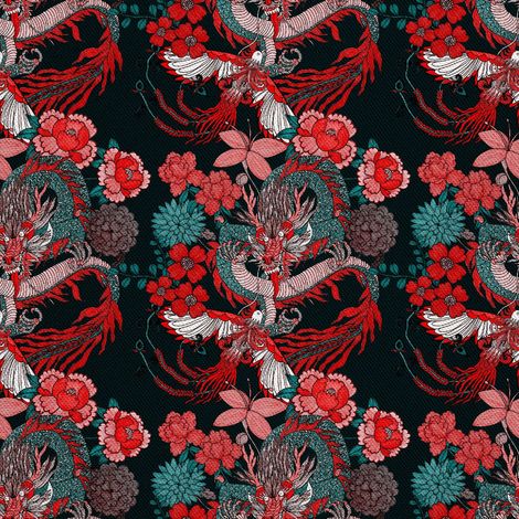 Tela decorativa para exteriores Oxford - motivo de dragón y fénix en flores (1/5)