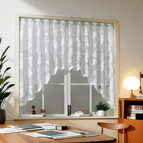 Cortina de cocina blanca (160 x 110 cm) - Mariposas y flores, velo de encaje bordado transparente, con ojales, poliéster - Para cocina/salón (1/4)