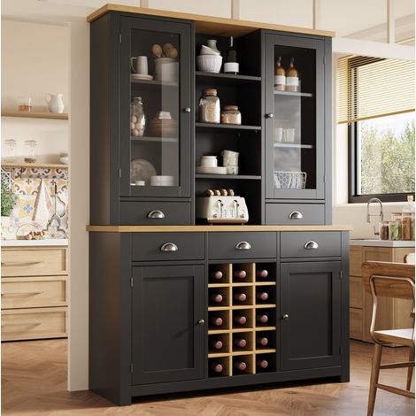 Hoher schwarzer Mehrzweckschrank mit Glastür, Schubladen und ausziehbarem Flaschenregal (1/5)
