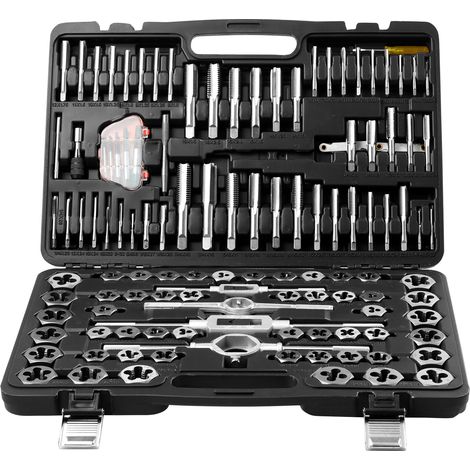 Mophorn Juego de machos y terrajas de 116 piezas , herramientas de acero con cojinetes métricos y SAE para cortar roscas internas y externas, accesorios completos y estuche de almacenamiento