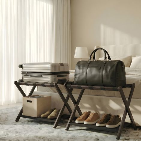 Porte-bagages pliant en bambou avec étagère de rangement 2 niveaux, sangles en nylon, support valise jusqu’à 50 kg, pour chambre d’amis/hôtel-marron (1/5)