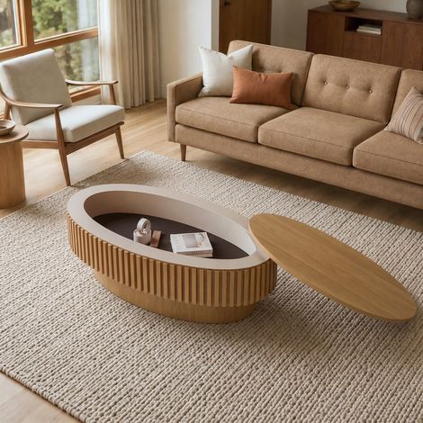 Ovaler Couchtisch 98 x 60 x 35 cm mit verstecktem Stauraum, Naturholz HAVRYA (1/5)