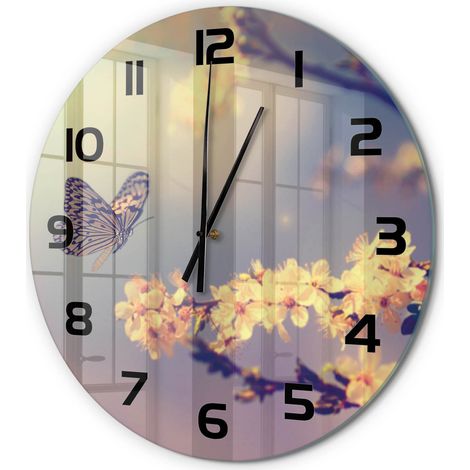 Horloge Murale Ronde Sans Tic-Tac en Verre Moderne Chambre Bureau Fleurs de cerisier et papillon fi 60 cm (1/5)