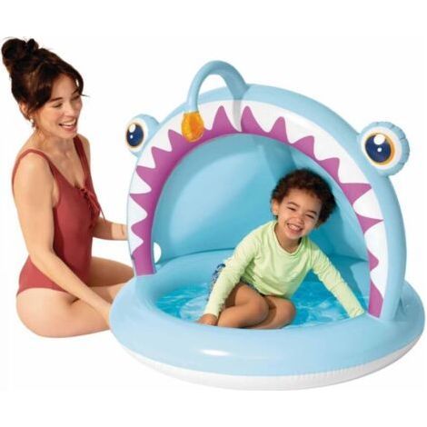 1 piscine gonflable bleue pour enfants 127 x 102 x 86 cm avec parasol et motif 3D de poissons des profondeurs, adaptée aux enfants de 1 à 3 ans (1/4)