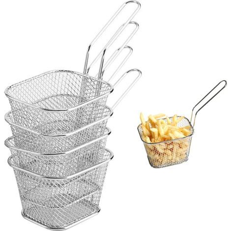 Lot de 4 paniers à frites en acier inoxydable avec poignées. panier à frites en maille pour crevettes et rondelles d'oignon. (1/5)